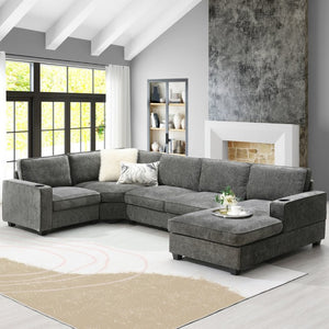 English Elm New U-Shaped Chenille Sectional Six Seat Corner Sofa with Cup Holders for Living Rooms Gray N723S0121E