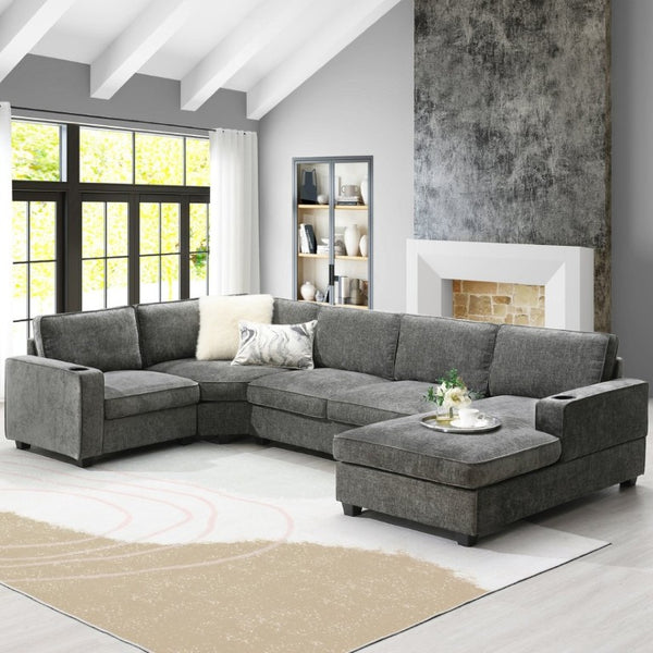 English Elm New U-Shaped Chenille Sectional Six Seat Corner Sofa with Cup Holders for Living Rooms Gray N723S0121E