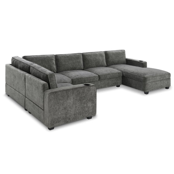 English Elm New U-Shaped Chenille Sectional Six Seat Corner Sofa with Cup Holders for Living Rooms Gray N723S0121E