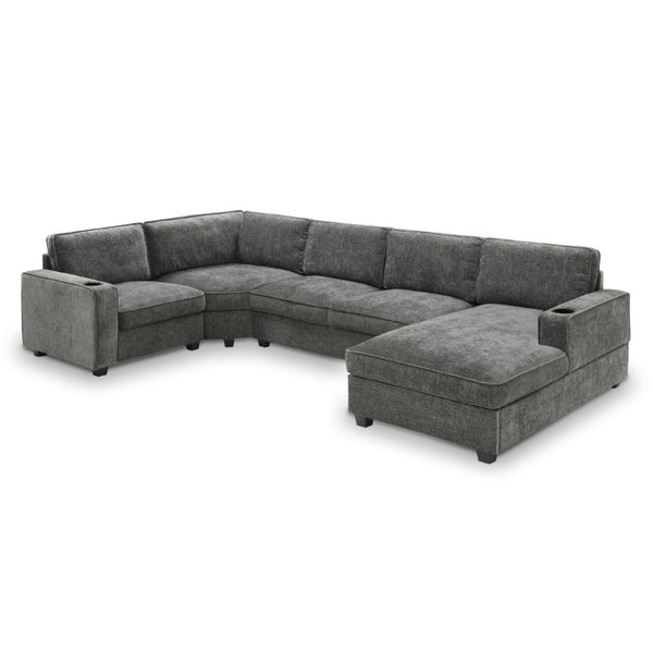 English Elm New U-Shaped Chenille Sectional Six Seat Corner Sofa with Cup Holders for Living Rooms Gray N723S0121E