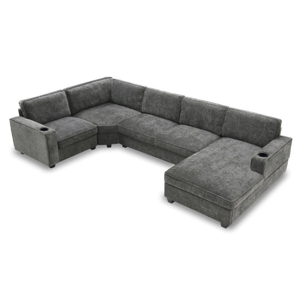 English Elm New U-Shaped Chenille Sectional Six Seat Corner Sofa with Cup Holders for Living Rooms Gray N723S0121E