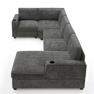 English Elm New U-Shaped Chenille Sectional Six Seat Corner Sofa with Cup Holders for Living Rooms Gray N723S0121E