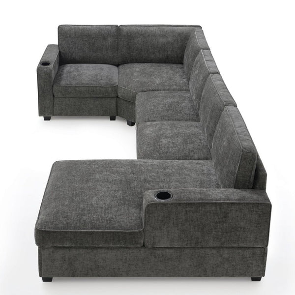 English Elm New U-Shaped Chenille Sectional Six Seat Corner Sofa with Cup Holders for Living Rooms Gray N723S0121E