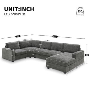 English Elm New U-Shaped Chenille Sectional Six Seat Corner Sofa with Cup Holders for Living Rooms Gray N723S0121E