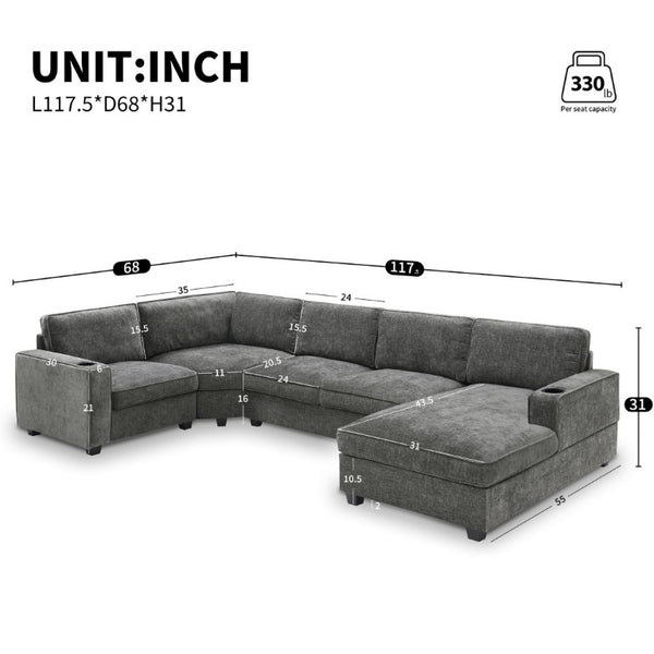 English Elm New U-Shaped Chenille Sectional Six Seat Corner Sofa with Cup Holders for Living Rooms Gray N723S0121E