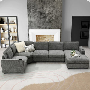 English Elm New U-Shaped Chenille Sectional Six Seat Corner Sofa with Cup Holders for Living Rooms Gray N723S0121E