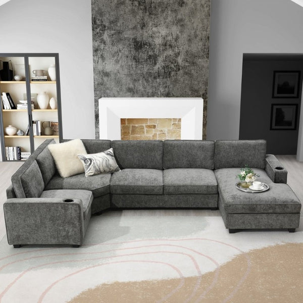 English Elm New U-Shaped Chenille Sectional Six Seat Corner Sofa with Cup Holders for Living Rooms Gray N723S0121E