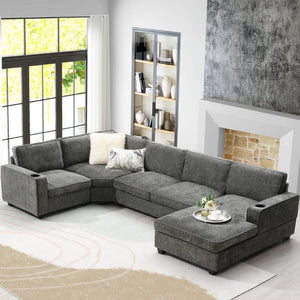 English Elm New U-Shaped Chenille Sectional Six Seat Corner Sofa with Cup Holders for Living Rooms Gray N723S0121E