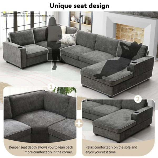 English Elm New U-Shaped Chenille Sectional Six Seat Corner Sofa with Cup Holders for Living Rooms Gray N723S0121E