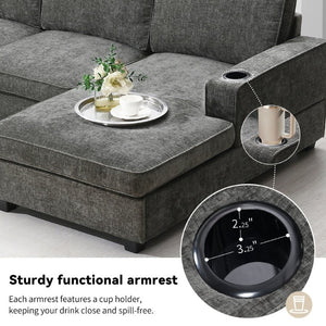English Elm New U-Shaped Chenille Sectional Six Seat Corner Sofa with Cup Holders for Living Rooms Gray N723S0121E