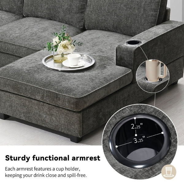 English Elm New U-Shaped Chenille Sectional Six Seat Corner Sofa with Cup Holders for Living Rooms Gray N723S0121E