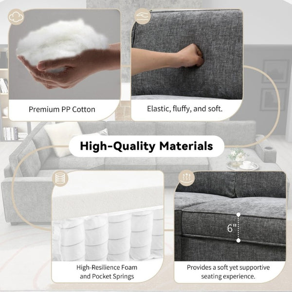 English Elm New U-Shaped Chenille Sectional Six Seat Corner Sofa with Cup Holders for Living Rooms Gray N723S0121E