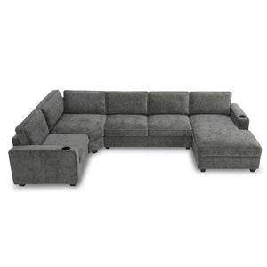 English Elm New U-Shaped Chenille Sectional Six Seat Corner Sofa with Cup Holders for Living Rooms Gray N723S0121E