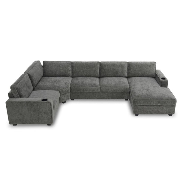 English Elm New U-Shaped Chenille Sectional Six Seat Corner Sofa with Cup Holders for Living Rooms Gray N723S0121E