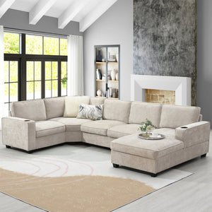 English Elm New U-Shaped Chenille Sectional Six Seat Corner Sofa with Cup Holders for Living Rooms Beige N723S0121K