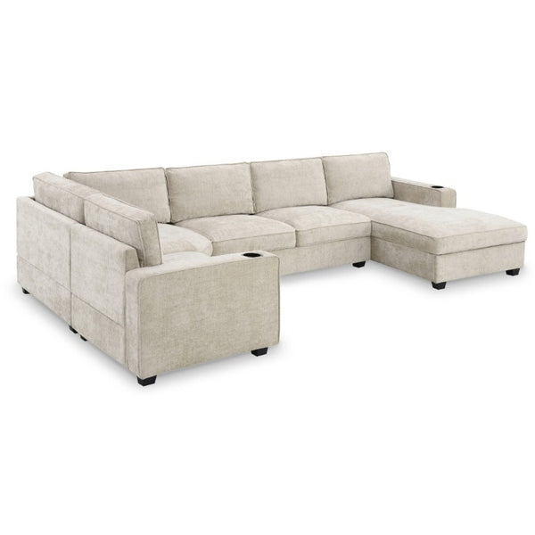 English Elm New U-Shaped Chenille Sectional Six Seat Corner Sofa with Cup Holders for Living Rooms Beige N723S0121K