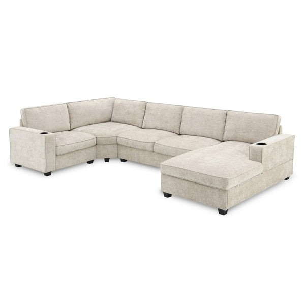 English Elm New U-Shaped Chenille Sectional Six Seat Corner Sofa with Cup Holders for Living Rooms Beige N723S0121K