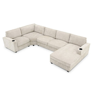English Elm New U-Shaped Chenille Sectional Six Seat Corner Sofa with Cup Holders for Living Rooms Beige N723S0121K