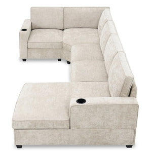 English Elm New U-Shaped Chenille Sectional Six Seat Corner Sofa with Cup Holders for Living Rooms Beige N723S0121K