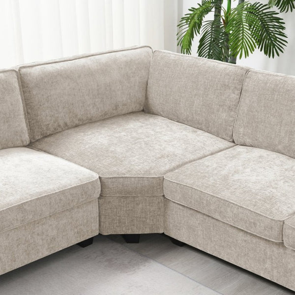 English Elm New U-Shaped Chenille Sectional Six Seat Corner Sofa with Cup Holders for Living Rooms Beige N723S0121K