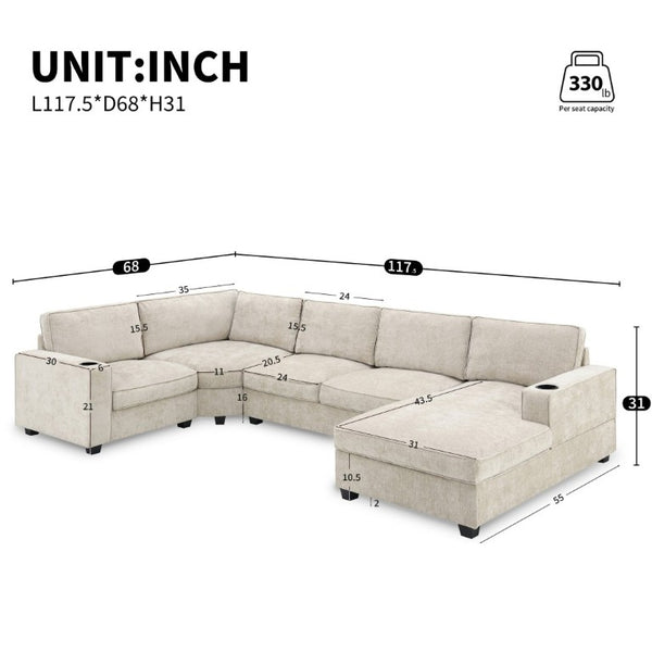 English Elm New U-Shaped Chenille Sectional Six Seat Corner Sofa with Cup Holders for Living Rooms Beige N723S0121K