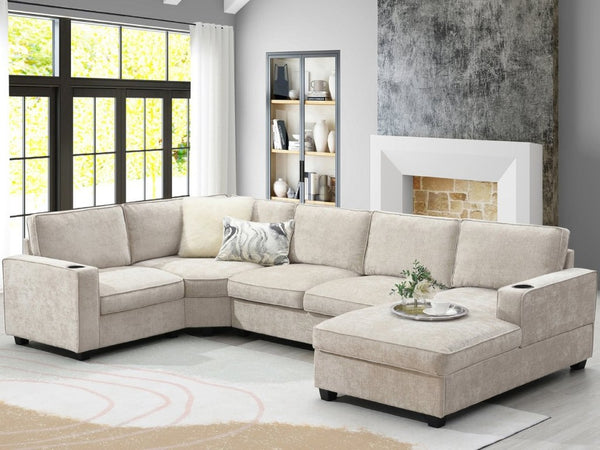 English Elm New U-Shaped Chenille Sectional Six Seat Corner Sofa with Cup Holders for Living Rooms Beige N723S0121K