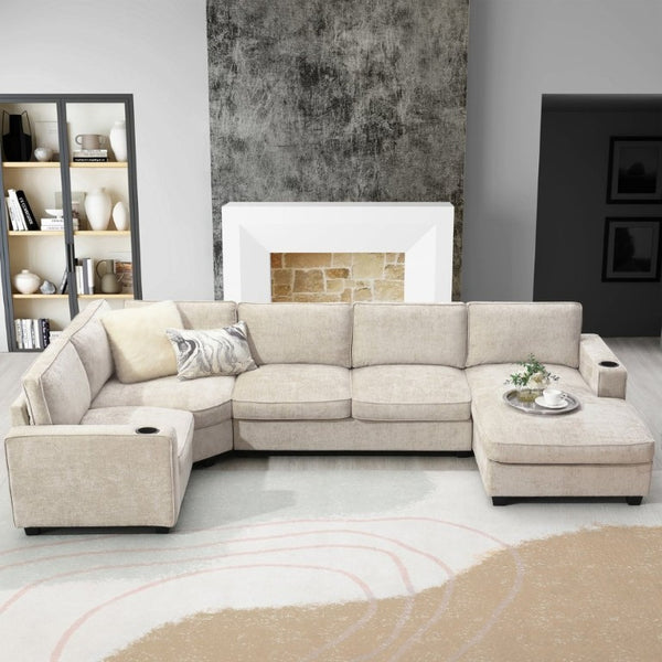 English Elm New U-Shaped Chenille Sectional Six Seat Corner Sofa with Cup Holders for Living Rooms Beige N723S0121K