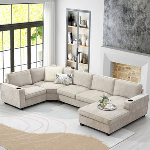 English Elm New U-Shaped Chenille Sectional Six Seat Corner Sofa with Cup Holders for Living Rooms Beige N723S0121K