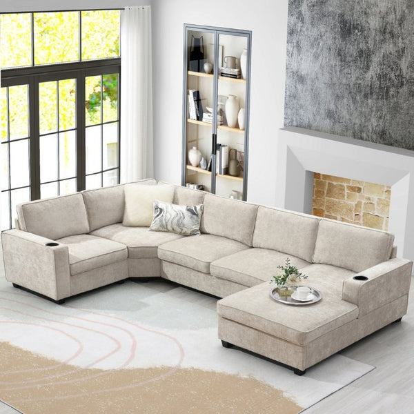 English Elm New U-Shaped Chenille Sectional Six Seat Corner Sofa with Cup Holders for Living Rooms Beige N723S0121K