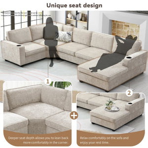 English Elm New U-Shaped Chenille Sectional Six Seat Corner Sofa with Cup Holders for Living Rooms Beige N723S0121K