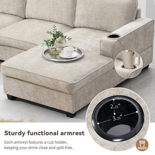 English Elm New U-Shaped Chenille Sectional Six Seat Corner Sofa with Cup Holders for Living Rooms Beige N723S0121K