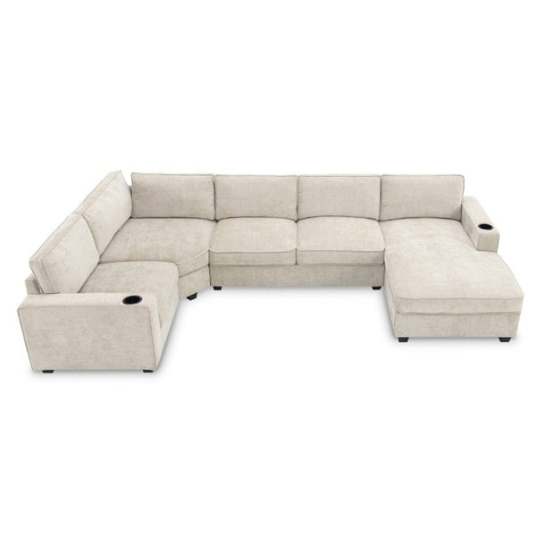 English Elm New U-Shaped Chenille Sectional Six Seat Corner Sofa with Cup Holders for Living Rooms Beige N723S0121K