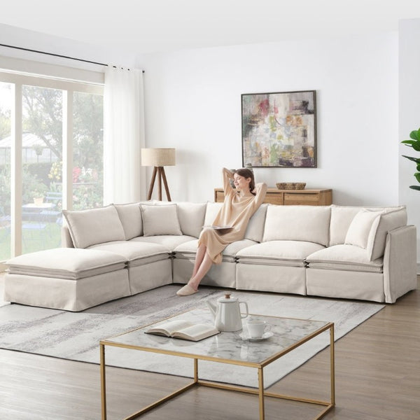 English Elm Video+new]125.5 Six Seat Chenille Modular Sectional with Movable Ottoman for Living Room Off White N723S0164A