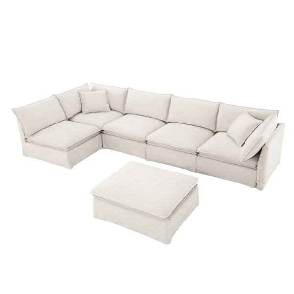 English Elm Video+new]125.5 Six Seat Chenille Modular Sectional with Movable Ottoman for Living Room Off White N723S0164A