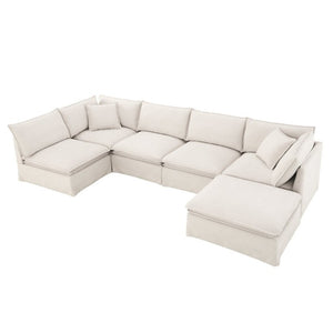 English Elm Video+new]125.5 Six Seat Chenille Modular Sectional with Movable Ottoman for Living Room Off White N723S0164A
