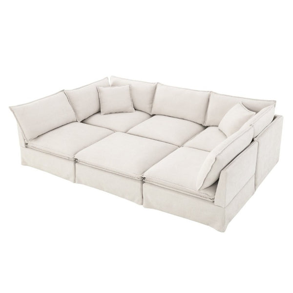 English Elm Video+new]125.5 Six Seat Chenille Modular Sectional with Movable Ottoman for Living Room Off White N723S0164A