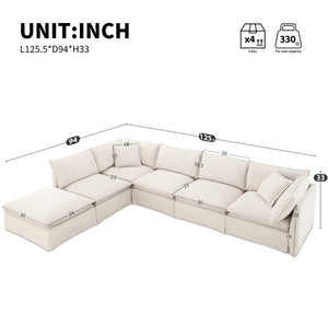 English Elm Video+new]125.5 Six Seat Chenille Modular Sectional with Movable Ottoman for Living Room Off White N723S0164A