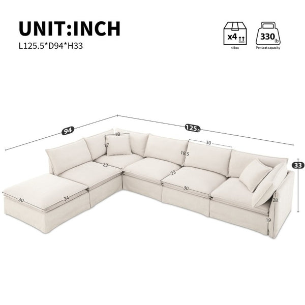 English Elm Video+new]125.5 Six Seat Chenille Modular Sectional with Movable Ottoman for Living Room Off White N723S0164A