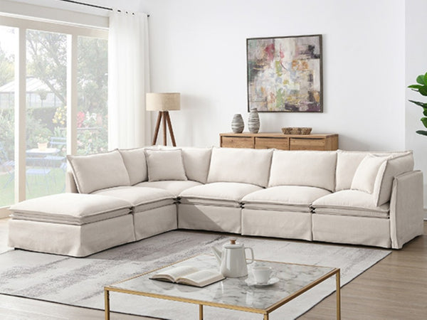 English Elm Video+new]125.5 Six Seat Chenille Modular Sectional with Movable Ottoman for Living Room Off White N723S0164A
