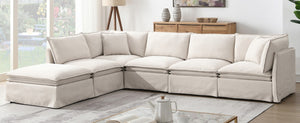 English Elm Video+new]125.5 Six Seat Chenille Modular Sectional with Movable Ottoman for Living Room Off White N723S0164A