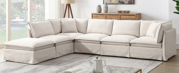 English Elm Video+new]125.5 Six Seat Chenille Modular Sectional with Movable Ottoman for Living Room Off White N723S0164A