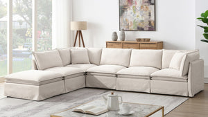 English Elm Video+new]125.5 Six Seat Chenille Modular Sectional with Movable Ottoman for Living Room Off White N723S0164A