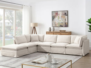 English Elm Video+new]125.5 Six Seat Chenille Modular Sectional with Movable Ottoman for Living Room Off White N723S0164A