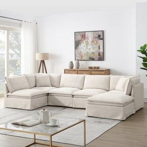 English Elm Video+new]125.5 Six Seat Chenille Modular Sectional with Movable Ottoman for Living Room Off White N723S0164A