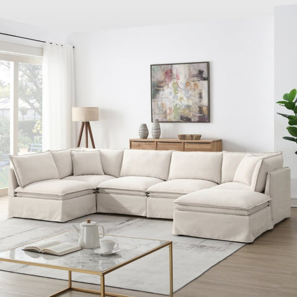 English Elm Video+new]125.5 Six Seat Chenille Modular Sectional with Movable Ottoman for Living Room Off White N723S0164A