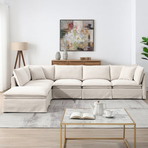 English Elm Video+new]125.5 Six Seat Chenille Modular Sectional with Movable Ottoman for Living Room Off White N723S0164A