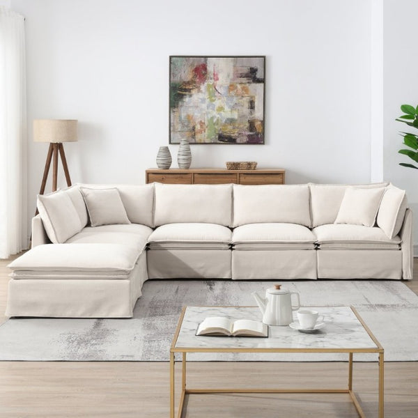 English Elm Video+new]125.5 Six Seat Chenille Modular Sectional with Movable Ottoman for Living Room Off White N723S0164A