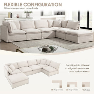 English Elm Video+new]125.5 Six Seat Chenille Modular Sectional with Movable Ottoman for Living Room Off White N723S0164A