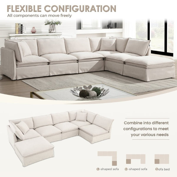 English Elm Video+new]125.5 Six Seat Chenille Modular Sectional with Movable Ottoman for Living Room Off White N723S0164A