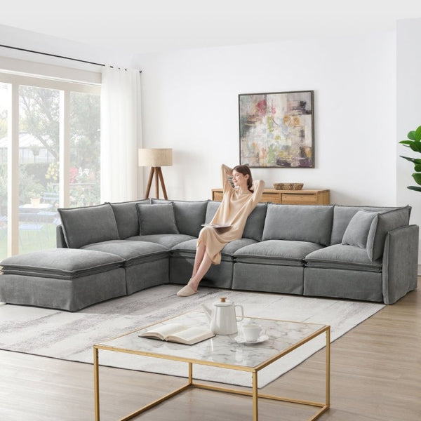 English Elm Video+new]125.5 Six Seat Chenille Modular Sectional with Movable Ottoman for Living Room Light Gray N723S0164E